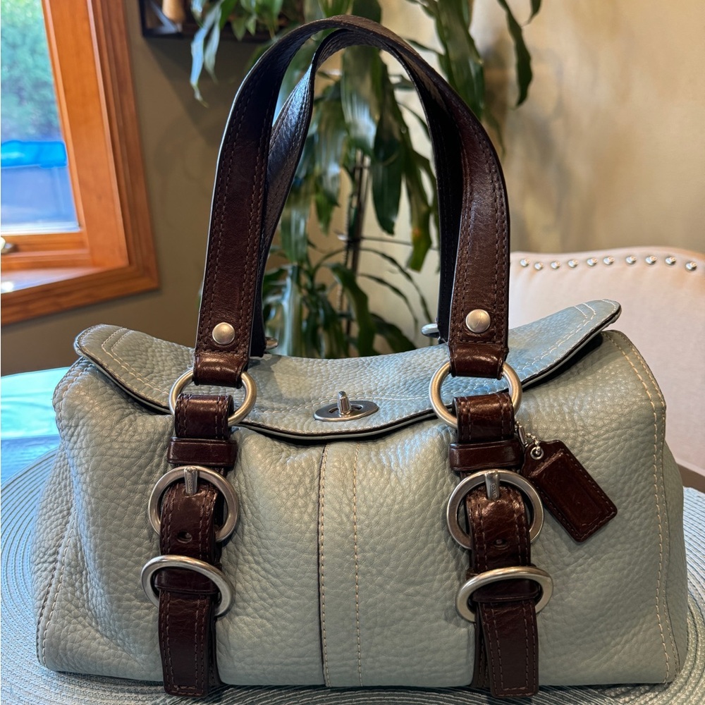 COACH Leather Turquoise Bag with Brown Trim EUC